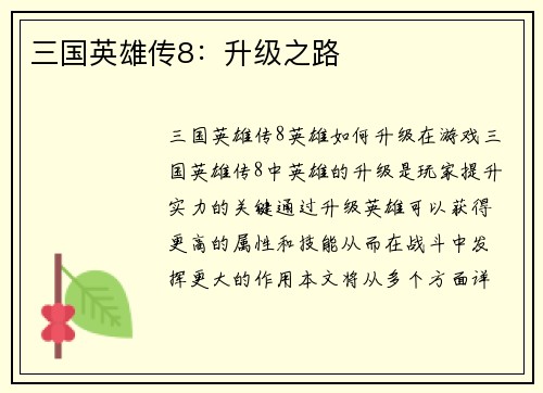 三国英雄传8：升级之路